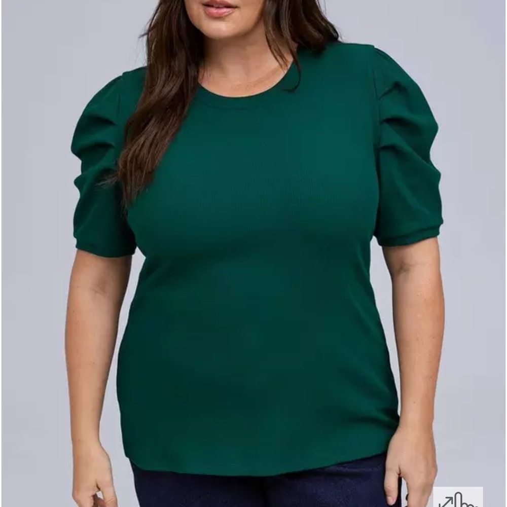 Plus Size Puff Sleeve Crewneck Top in Deep Green